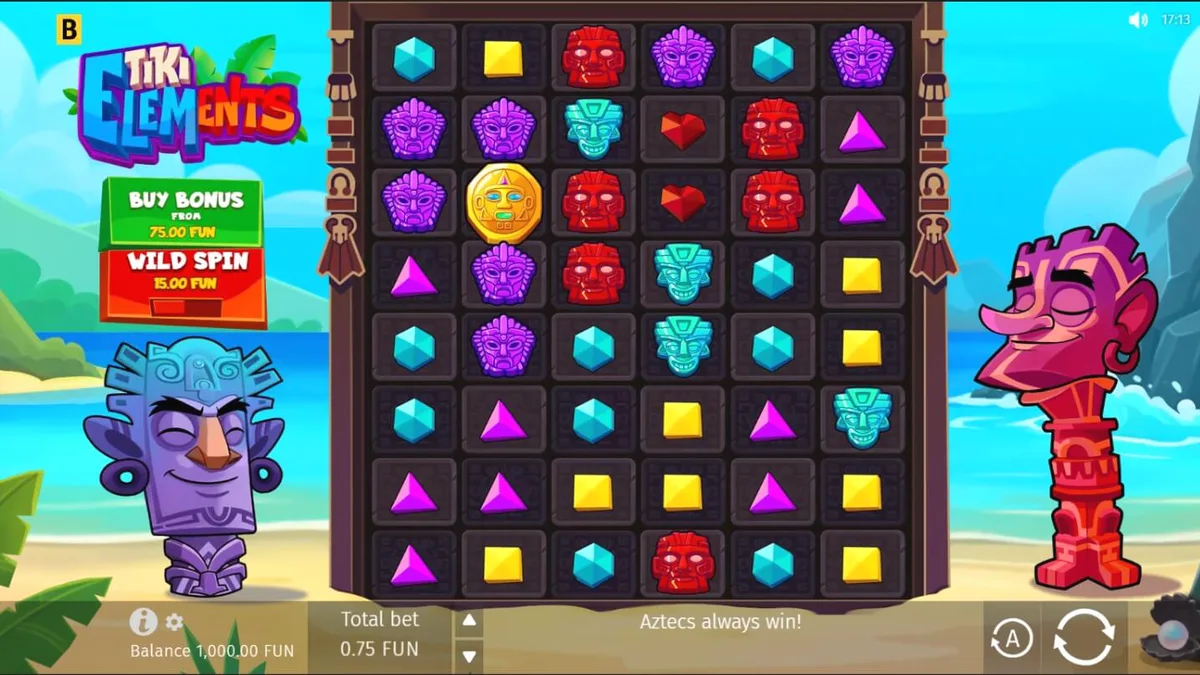Tampilan visual slot Tiki Elements dengan latar belakang pulau tropis dan simbol topeng Tiki.
